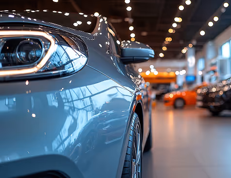 Closeup of a car inside a dealership show room