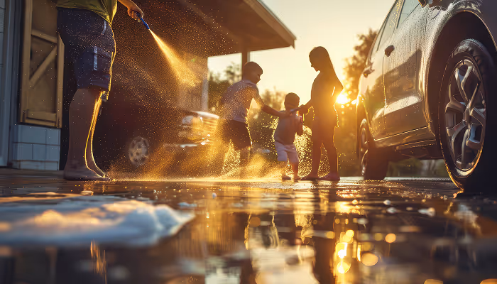 A family washing a car in their driveway