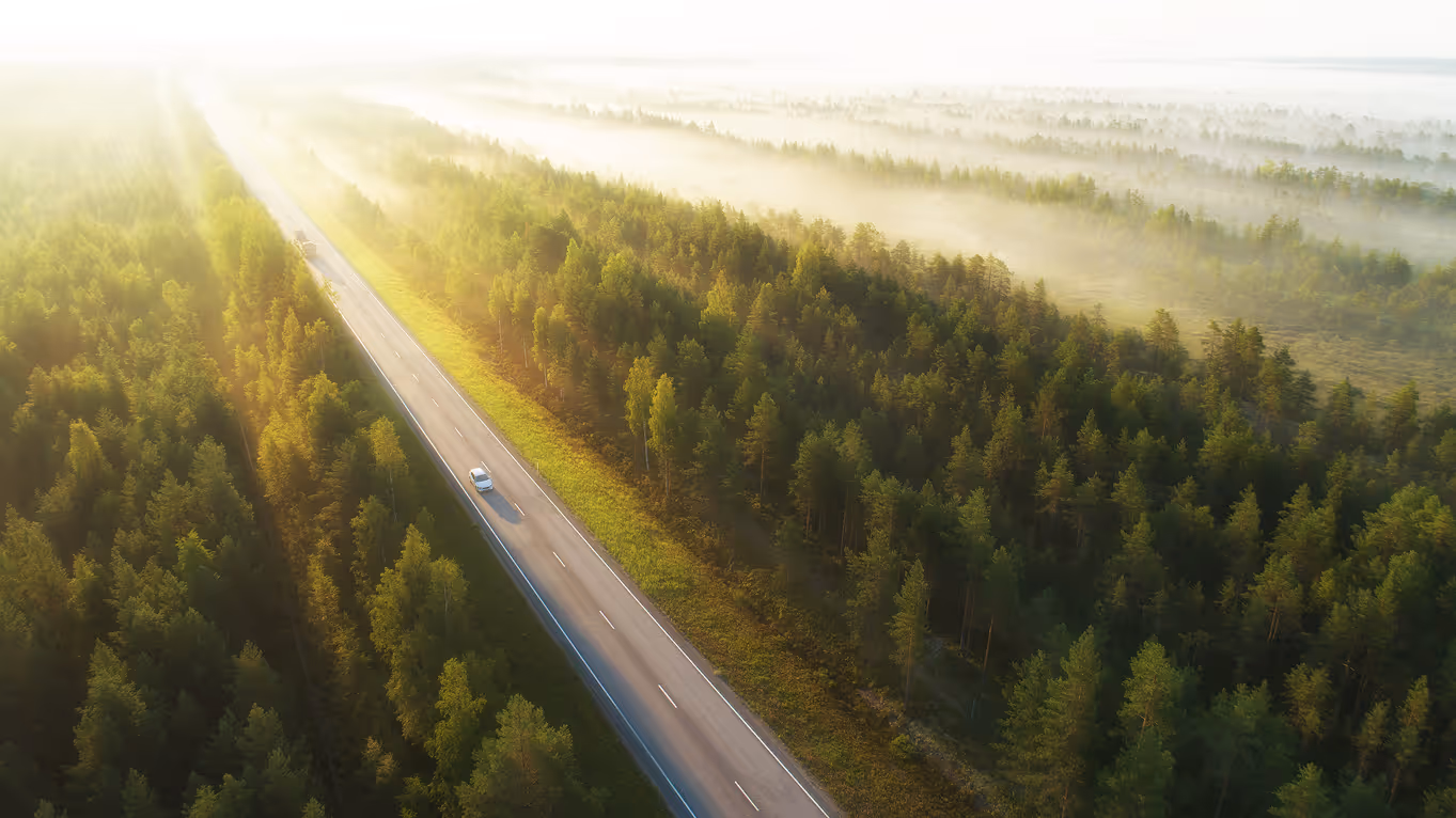 An aerial view of a highway through the forest